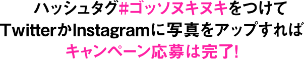 ハッシュタグ#ゴッソヌキヌキをつけてInstagramかTwitterに写真をアップすればキャンペーン応募は完了！